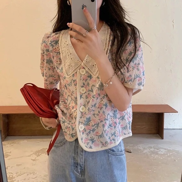 Floral blouse shirt top lace flower pink green cream womens tops summer spring - Picture 3 of 5